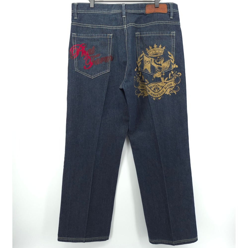 Phat Farm Mens Jeans Straight Leg 36x33 Dark Blue Embroidered Y2K Hip Hop Denim